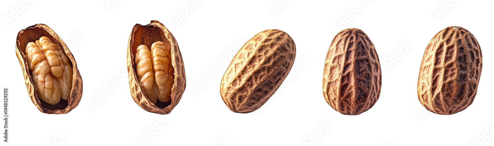Poster a close-up view of various walnut shells and their contents. showcasing the intricate textures and s
