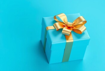Fototapeta premium Elegant blue gift box with gold bow on matching blue background, matte, wrap