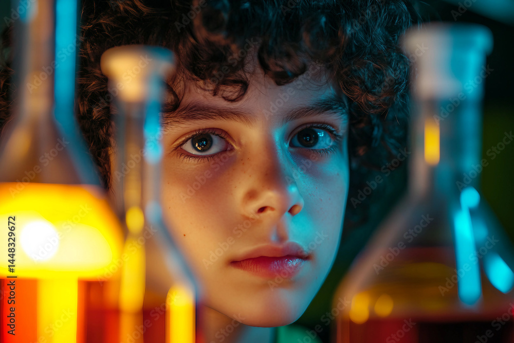 Poster child conducting scientific experiment in laboratory with colorful beakers generative ai