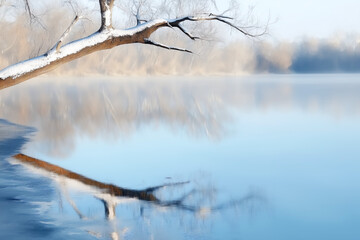 Obraz premium Foggy Riverbank In Early Morning Light With Mist Over Water And Frozen Branches Creating A Serene Winter Landscape Scene