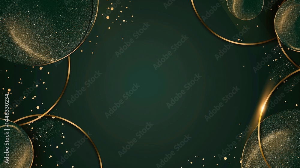 Poster elegant abstract background with golden circles and sparkles on a dark backdrop.