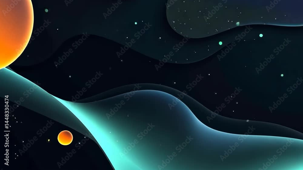 Poster dynamic flow of vibrant spheres and wavy patterns against a dark cosmic backdrop