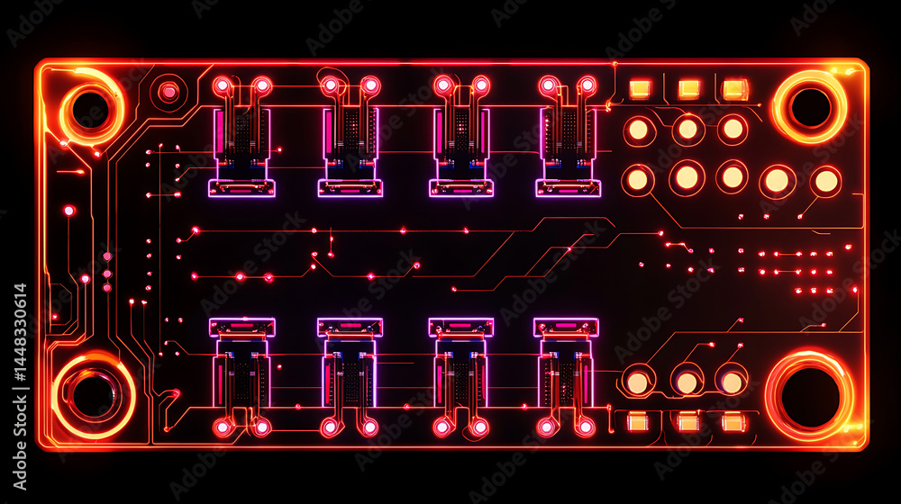 Poster a close up of a circuit board with a red glow