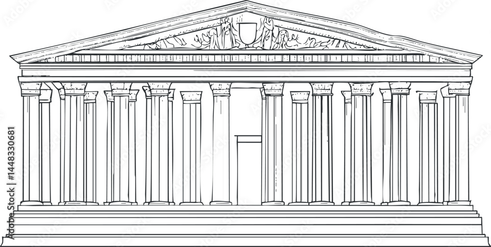 Poster black and white outline drawing of an ancient classical temple with columns and pediment