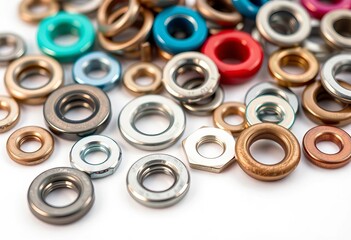 Obraz premium Close-up of assorted eyelets, flat washers, and grommets on white , set, fabric
