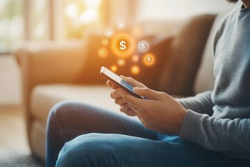 Person using smartphone to manage finances with digital currency symbols in cozy living room