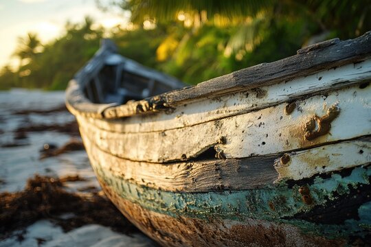 Weathered wooden boat rests on a sandy beach with lush green foliage in the blurred background, bathed in warm sunlight. - Powered by Adobe