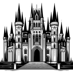 Fototapeta premium Black and White Gothic Castle Illustration 