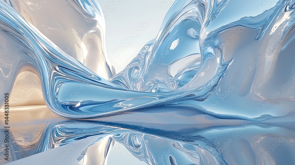 Poster liquid motion: abstract close-up of dynamically flowing, clear, and reflective liquid. the fluidity 