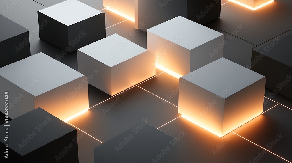 Poster illuminated cube cluster: a captivating modern arrangement of geometric cubes, each bathed in soft l