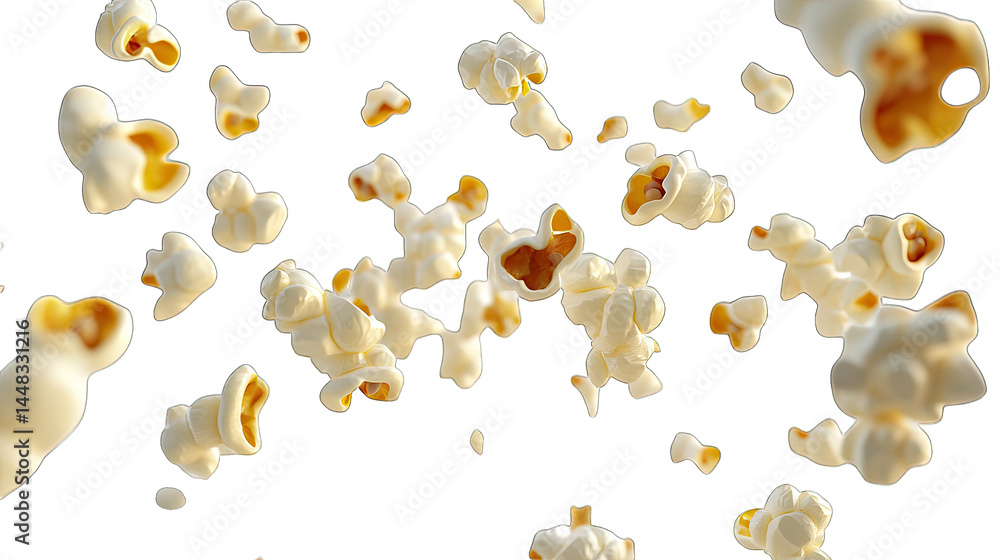 Poster a dynamic scene of popcorn kernels exploding in mid-air. showcasing their fluffy texture and golden-