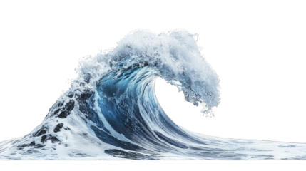 A powerful ocean wave crashing against the shore. showcasing the dynamic movement of water. with foam and splashes. under a bright blue sky. ideal for nature and travel themes