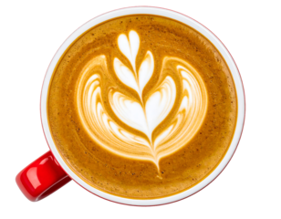 top view of heart pattern latte art in red coffee cup on isolated background with creamy milk foam and espresso for cafe menu and barista design concept
