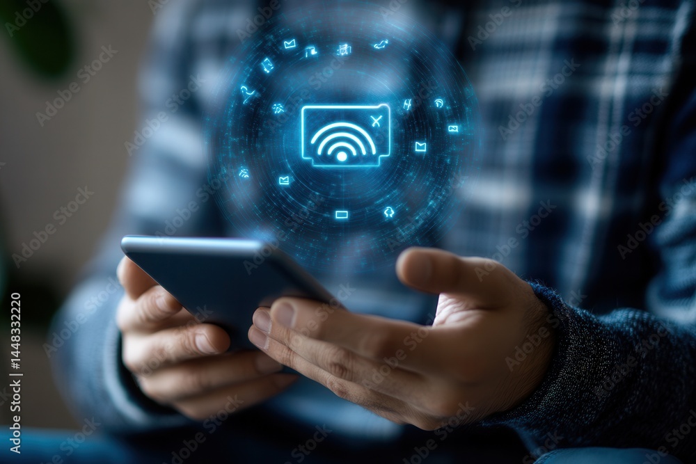 Poster person using smartphone with digital icons floating around, representing connectivity and technology