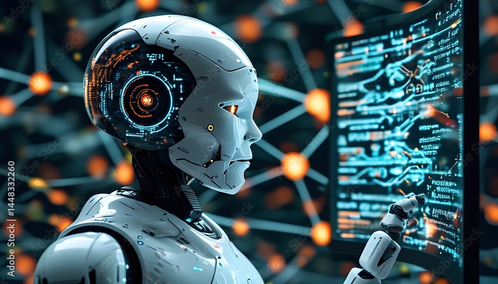 Poster cybernetic gaze: a futuristic humanoid robot, its metallic form gleaming, focuses intently on a glow