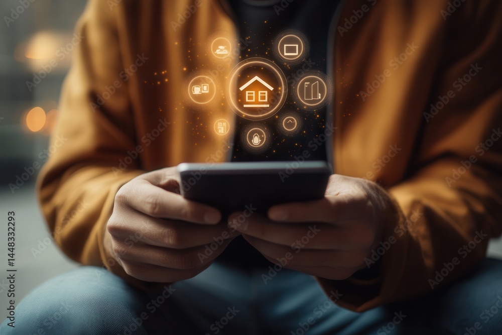 Aufkleber person using smartphone with digital icons representing home automation features