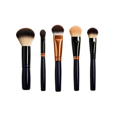 Set of five professional makeup brushes with different sizes and shapes for foundation powder blush eyeshadow blending and contouring in a cosmetic kit on transparent background
