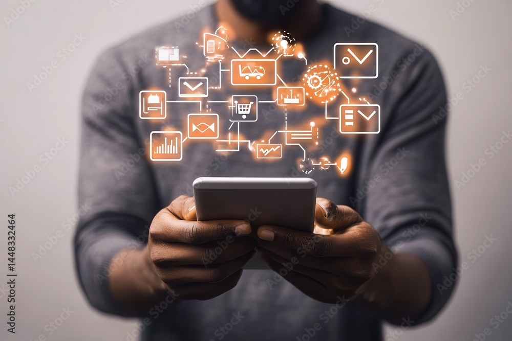Poster person using smartphone with digital icons representing technology and communication