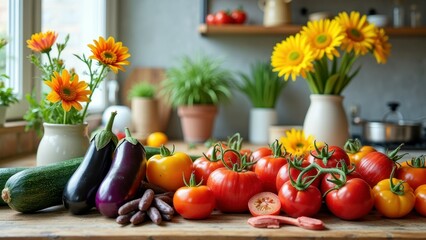 Colorful assortment of fresh vegetables and flowers on kitchen counter