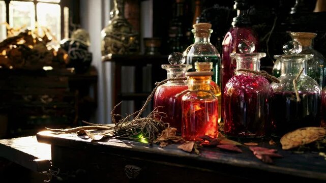 A mystical video scene with potion bottles on a wooden table, captured at a low angle, bathed in warm, enchanting sunlight through a window.