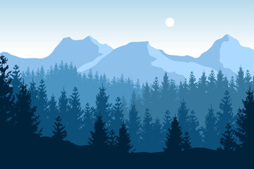 Beautiful vector forested landscape with iconic mountains in blue colors.