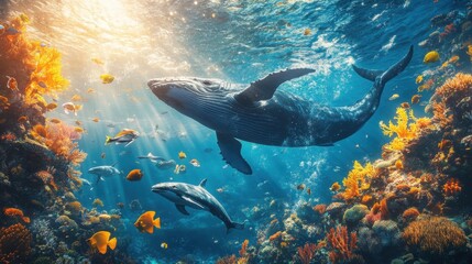 Radiant Underwater Scene Whales and Colorful Coral Reef