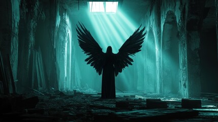 Fototapeta premium Shadowy Angel in a Ruined Sanctuary: A Dark Fantasy Masterpiece