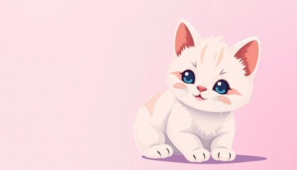Adorable pastel kitten, kawaii style, flat design, cute cat illustration, copy space,  happy,  fluffy