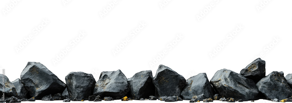 Poster a close-up view of a line of rugged. dark rocks arranged on a surface. showcasing their texture and 