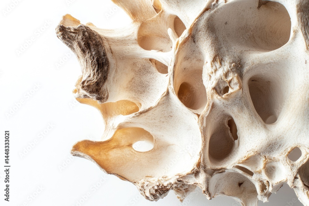 Poster close-up of a textured, porous bone structure with hollow spaces and varying shades of cream and bro