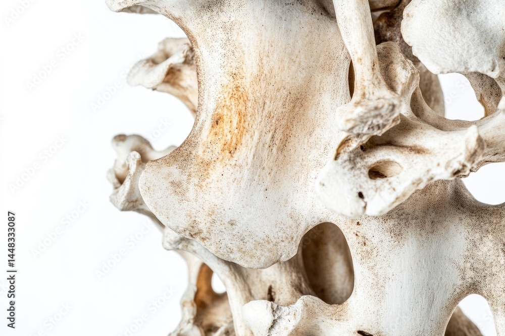 Poster close-up of a weathered animal bone structure showcasing intricate patterns and textures against a s