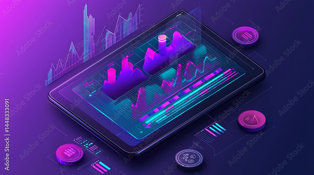 Poster a tablet with a purple background and a lot of graphs and numbers