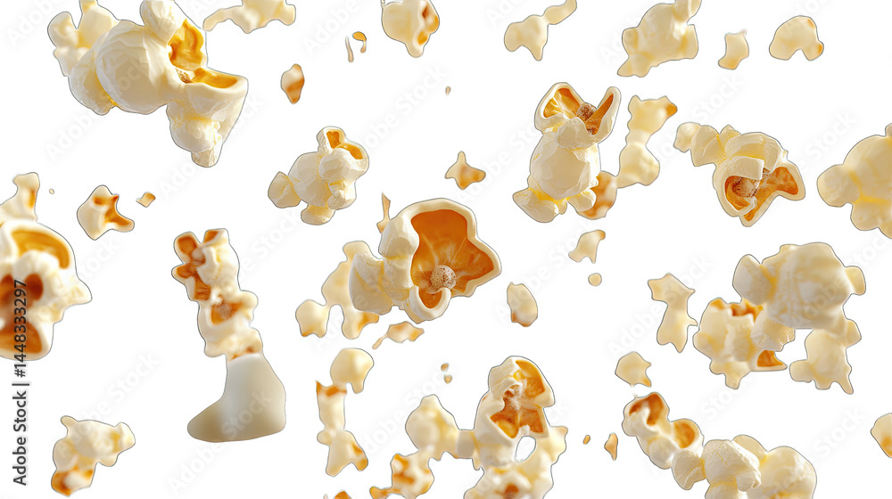Poster a dynamic and vibrant scene showcasing flying popcorn kernels against a transparent background. crea