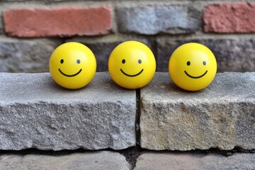 Three happy smiley faces on a stone wall