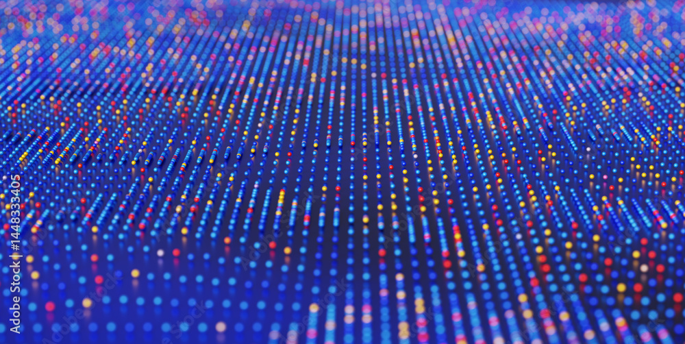 Poster vibrant colorful dots form a dynamic data stream within a digital matrix. abstract pixel pattern cre