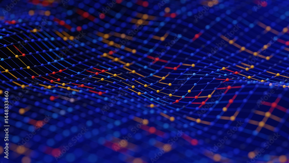 Poster abstract, undulating blue grid with yellow, red, and light blue interconnected nodes on a dark blue 