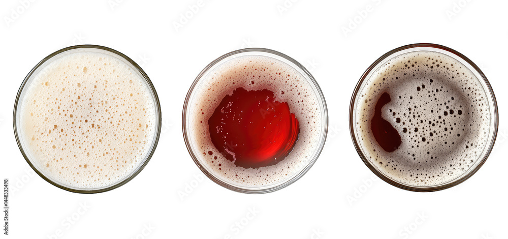 Poster three distinct glasses of beer showcasing different colors and frothy textures. placed on a dark sur