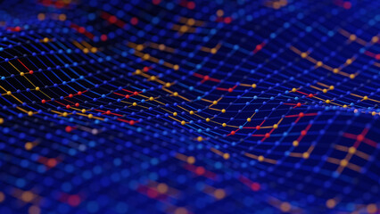 Abstract, undulating blue grid with yellow, red, and light blue interconnected nodes on a dark blue background, representing quantum dots and complex connection structures. 3D render...