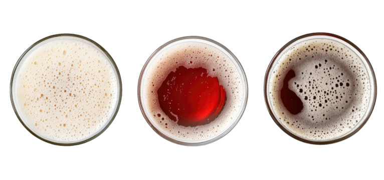 Three distinct glasses of beer showcasing different colors and frothy textures. placed on a dark surface. perfect for a beverage advertisement or pub menu design
