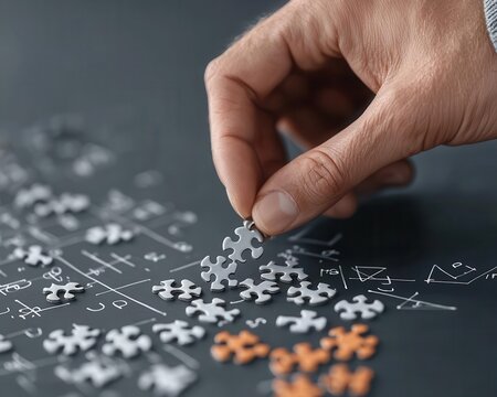 A hand placing puzzle pieces shaped like different mathematical functions into a complex equation