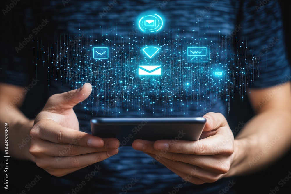 Poster person using smartphone with glowing icons representing communication in digital space