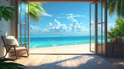 Serene Tropical Beach View from a Sunny Room with Open Doors