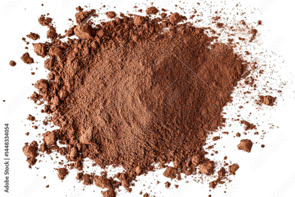 Poster a close-up view of a mound of rich cocoa powder scattered on a clean surface. showcasing its fine te