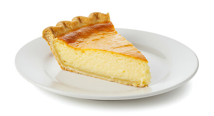A slice of buttermilk pie with golden flaky crust and custard filling, served on a white plate , isolated on white