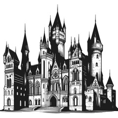 Intricate castle illustration in black and white style  
