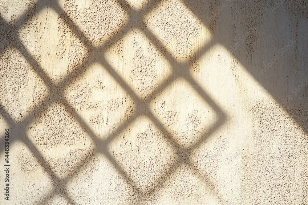 Poster shadows cast by a window grill fall on a textured off-white wall in a grid-like pattern.