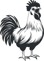 Black and white vintage style illustration of a proud rooster crowing on a farm