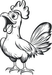 Black and white cartoon illustration of a happy rooster with open beak and detailed feathers