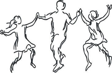 Lineart sketch of a family holding hands joyfully jumping together expressing happiness and connection.