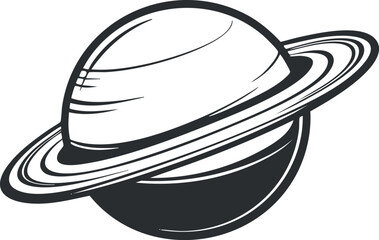 Black and white illustration of a ringed planet resembling Saturn in space with celestial rings